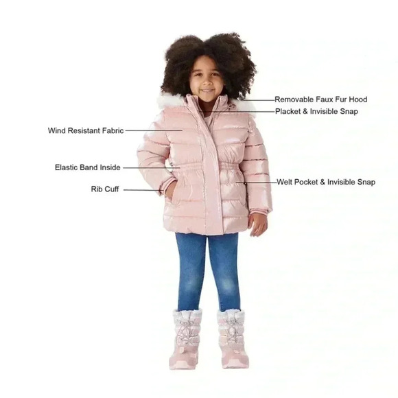New Members Mark Toddler Sz. 4T Puffer Jacket Pink Removable Faux Fur Hood NWT - Picture 6 of 12